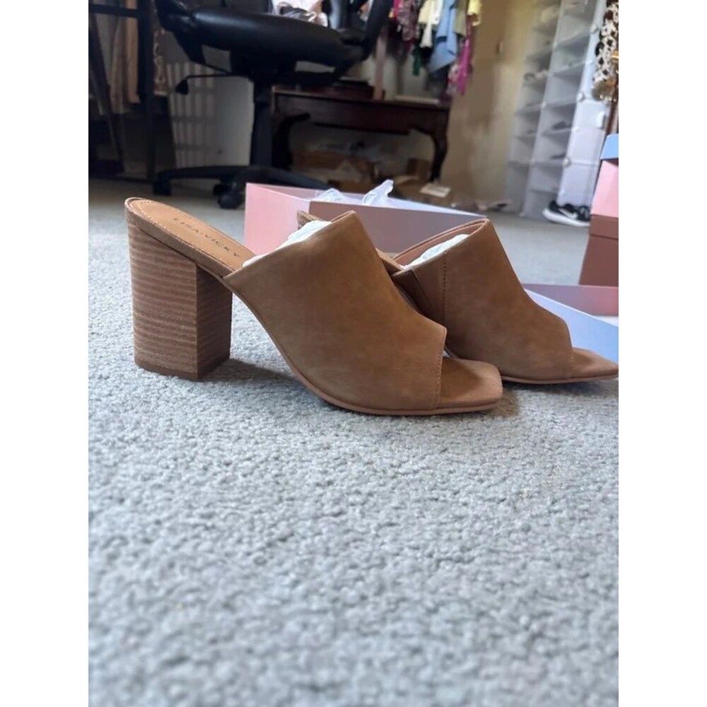 LISA VICKY Virtue-V Cognac Kid Suede Open Toe Block Heel Mules New